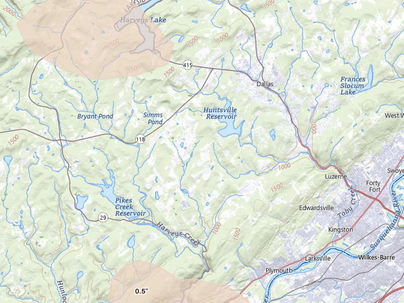 Radar-estimated hail-size map of the storm over Shavertown, PA on Jul 3, 2026