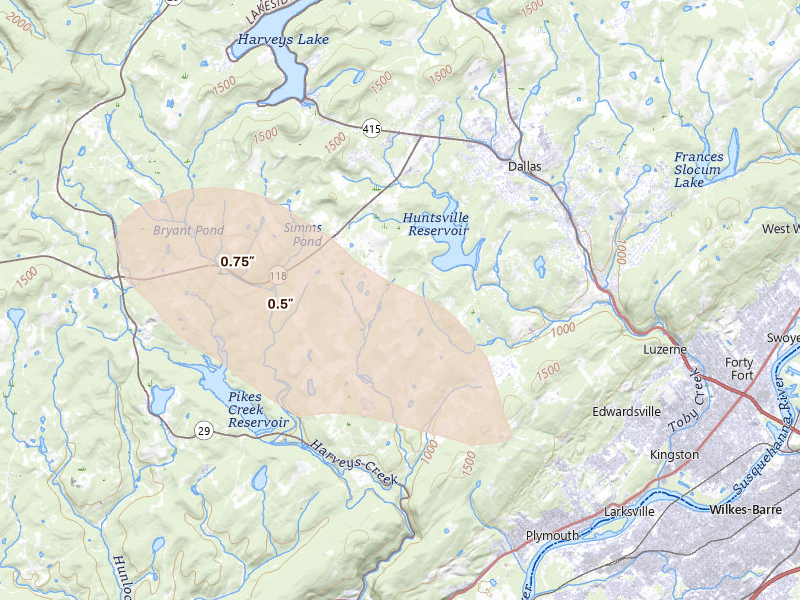 Radar-estimated hail-size map of the storm over Shavertown, PA on Sep 1, 2026