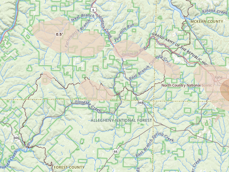 Radar-estimated hail-size map of the storm over Sheffield, PA on Sep 1, 2026