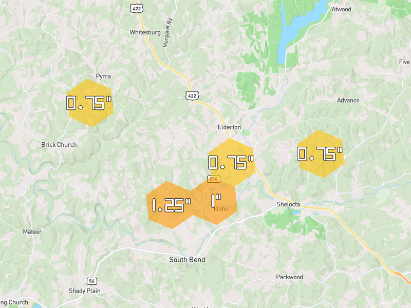 Hail map of Shelocta, PA on Jul 4, 2026, hail up to 1.25"