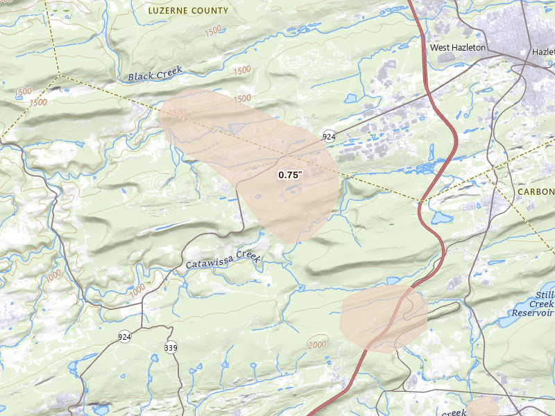 Radar-estimated hail-size map of the storm over Sheppton, PA on Jul 3, 2026