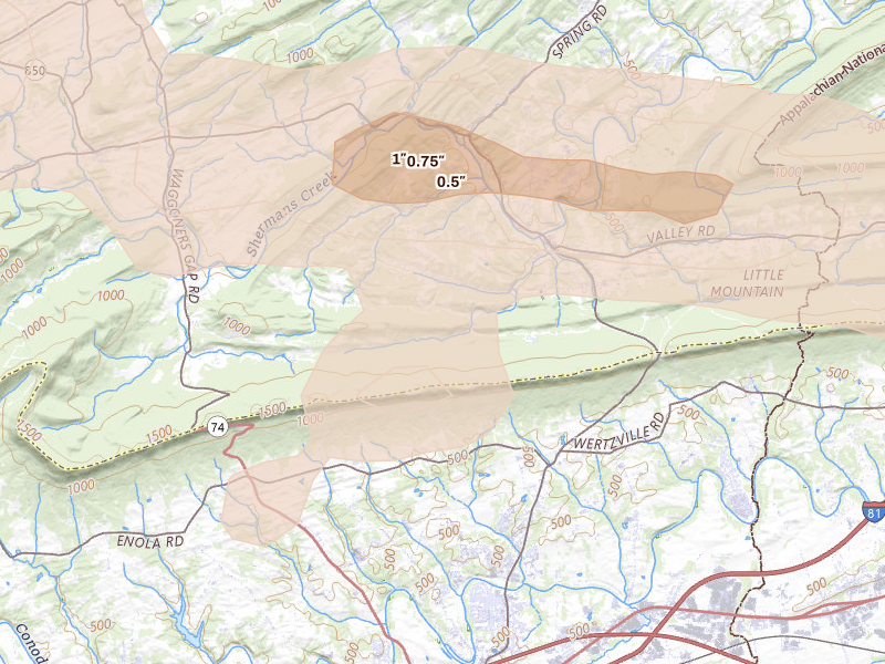 Radar-estimated hail-size map of the storm over Shermans Dale, PA on Jul 5, 2026