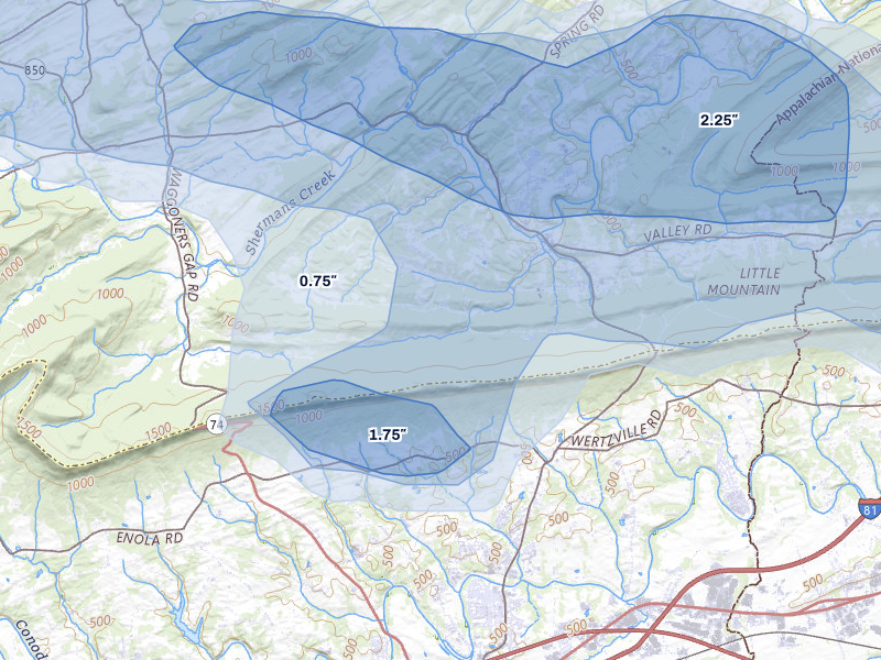 NEXRAD radar-signature map of the hail storm over Shermans Dale, PA on Jul 5, 2026