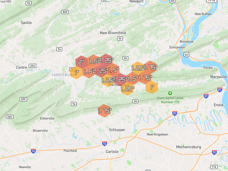Hail map of Shermans Dale, PA on Jul 5, 2026, hail up to 2.25"