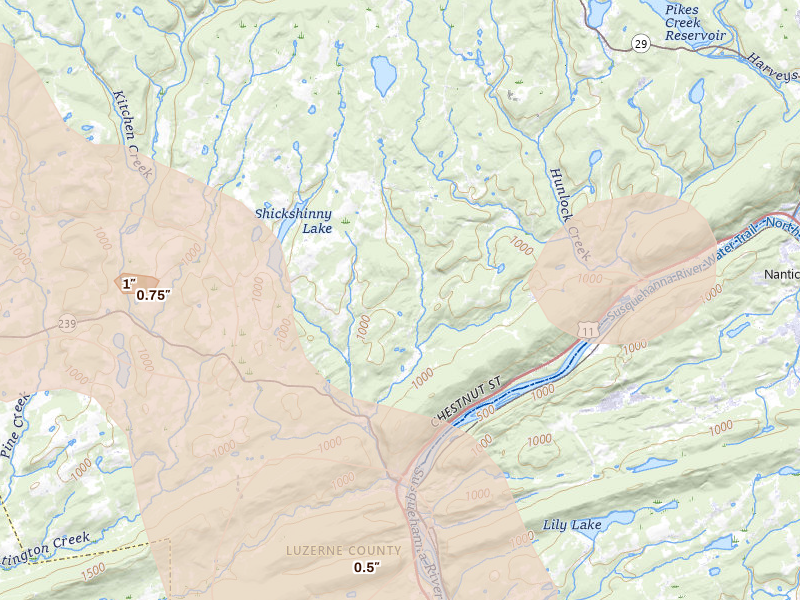 Radar-estimated hail-size map of the storm over Shickshinny, PA on Aug 27, 2026