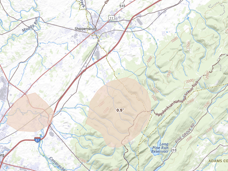 Radar-estimated hail-size map of the storm over Shippensburg, PA on Jul 27, 2026