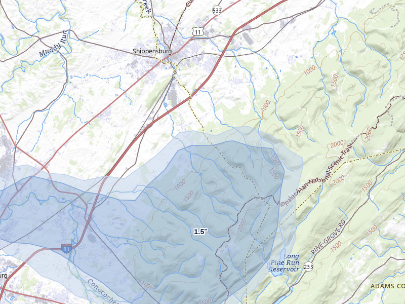 NEXRAD radar-signature map of the hail storm over Shippensburg, PA on Jul 27, 2026
