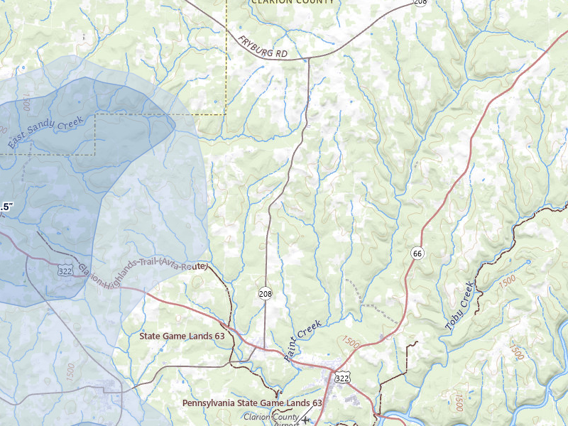 NEXRAD radar-signature map of the hail storm over Shippenville, PA on Jul 3, 2026