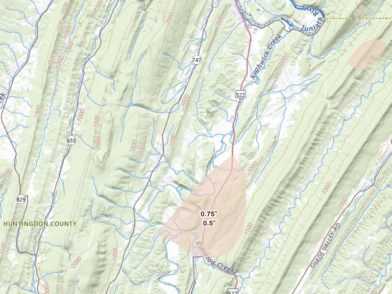 Radar-estimated hail-size map of the storm over Shirleysburg, PA on Aug 27, 2026