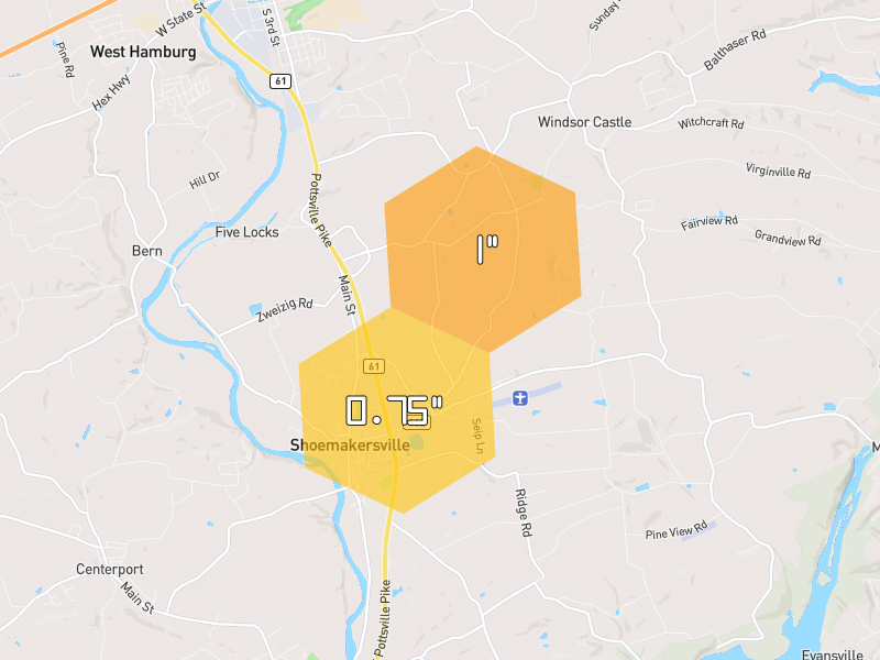 Hail map of Shoemakersville, PA on Jul 21, 2026, hail up to 1"