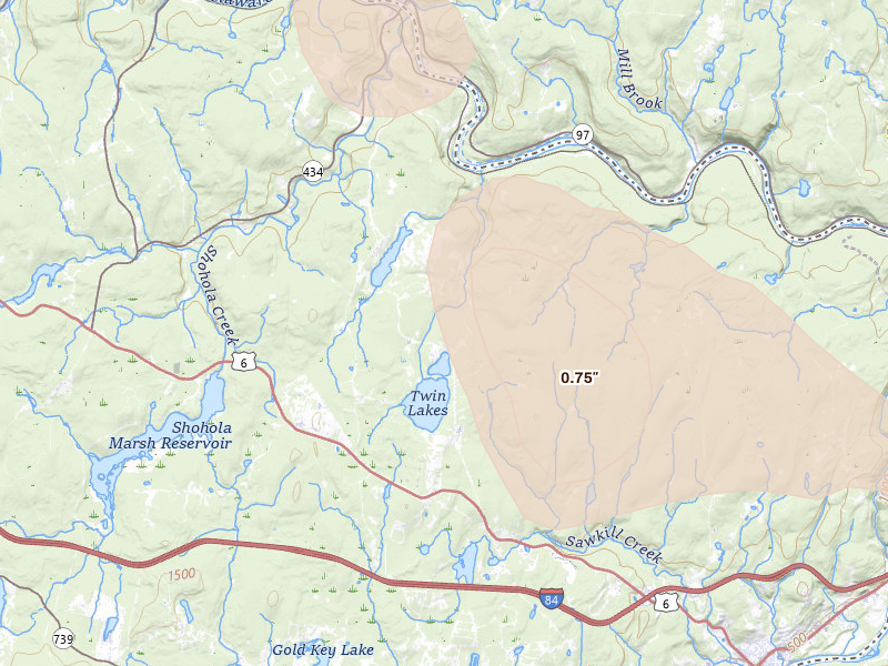 Radar-estimated hail-size map of the storm over Shohola, PA on Jul 3, 2026