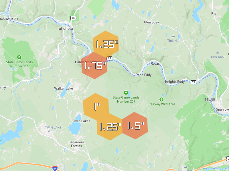 Hail map of Shohola, PA on Jul 3, 2026, hail up to 1.75"
