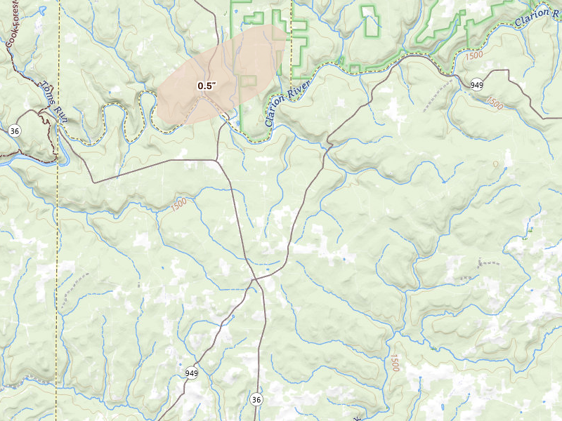 Radar-estimated hail-size map of the storm over Sigel, PA on May 13, 2026