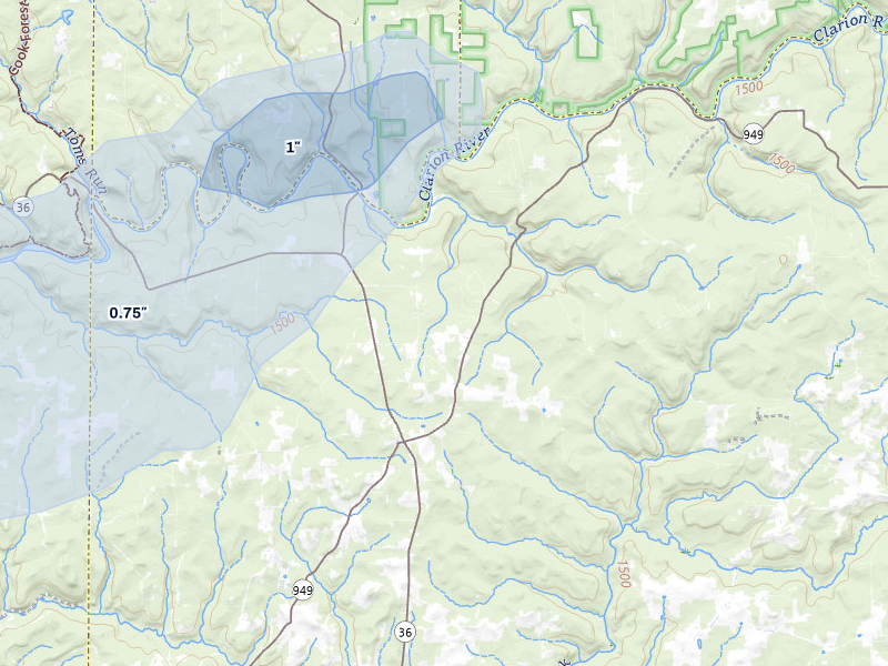 NEXRAD radar-signature map of the hail storm over Sigel, PA on May 13, 2026