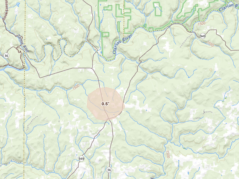 Radar-estimated hail-size map of the storm over Sigel, PA on Jul 3, 2026