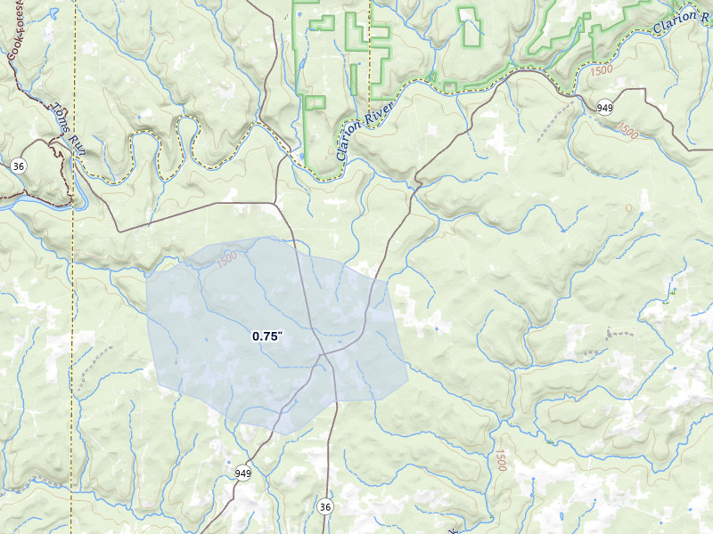 NEXRAD radar-signature map of the hail storm over Sigel, PA on Jul 3, 2026