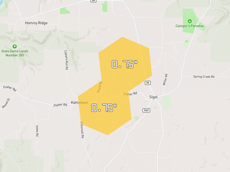 Hail map of Sigel, PA on Jul 3, 2026, hail up to 0.75"