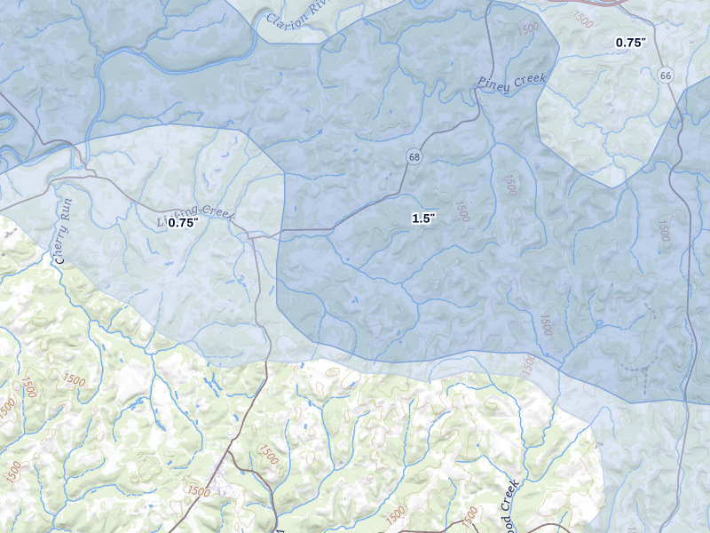 NEXRAD radar-signature map of the hail storm over Sligo, PA on Jul 3, 2026