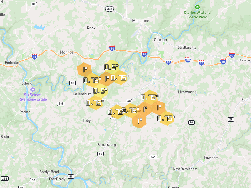Hail map of Sligo, PA on Jul 4, 2026, hail up to 1"