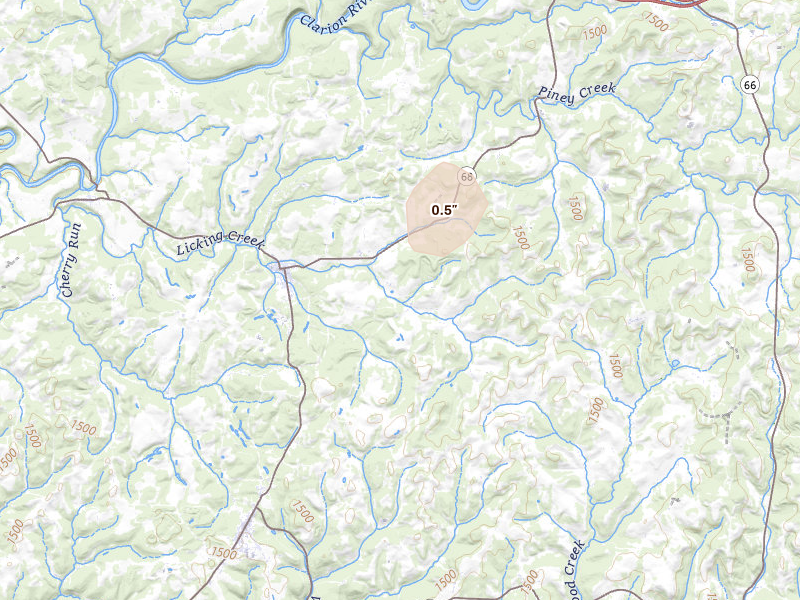 Radar-estimated hail-size map of the storm over Sligo, PA on Jul 5, 2026