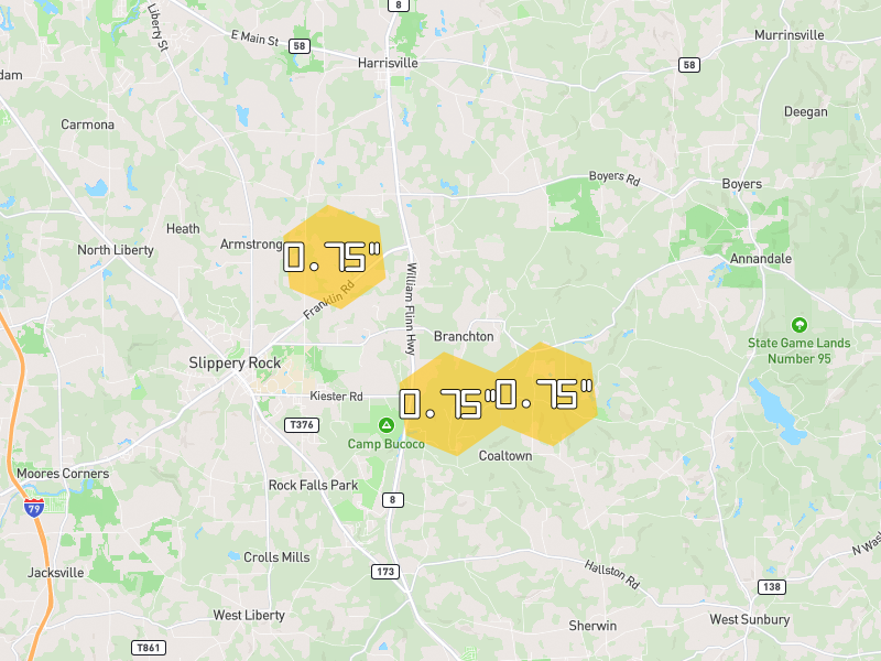 Hail map of Slippery Rock, PA on Jul 5, 2026, hail up to 0.75"