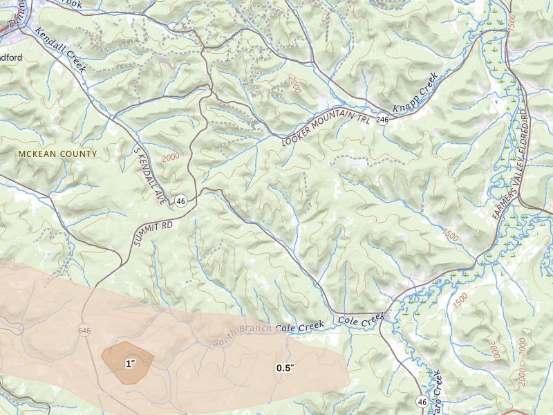 Radar-estimated hail-size map of the storm over Smethport, PA on Jul 4, 2026