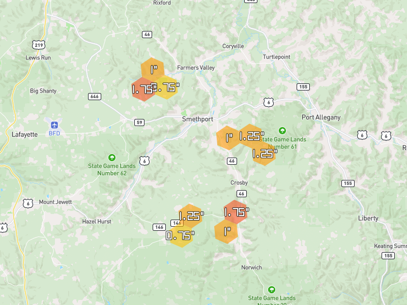 Hail map of Smethport, PA on Jul 4, 2026, hail up to 1.75"