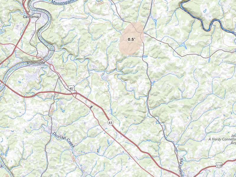 Radar-estimated hail-size map of the storm over Smock, PA on Jul 6, 2026