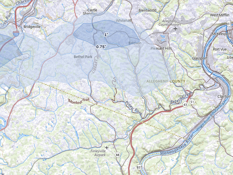 NEXRAD radar-signature map of the hail storm over South Park, PA on Aug 8, 2026