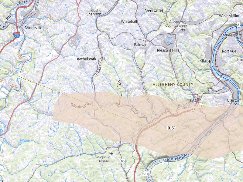 Radar-estimated hail-size map of the storm over South Park, PA on Aug 10, 2026