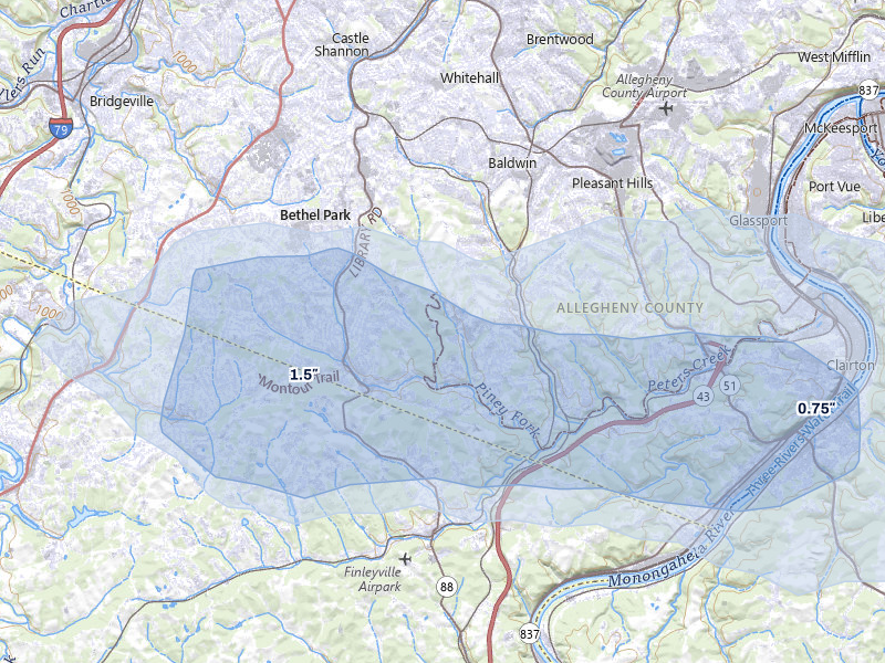 NEXRAD radar-signature map of the hail storm over South Park, PA on Aug 10, 2026