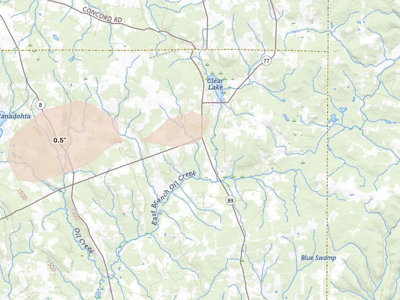 Radar-estimated hail-size map of the storm over Spartansburg, PA on Jun 14, 2026