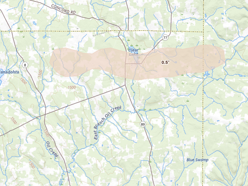 Radar-estimated hail-size map of the storm over Spartansburg, PA on Jul 4, 2026