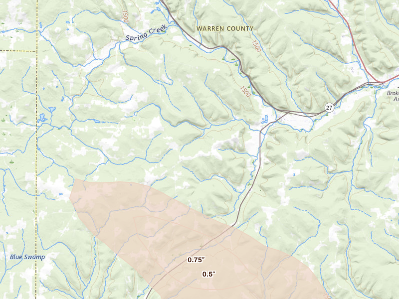 Radar-estimated hail-size map of the storm over Spring Creek, PA on Sep 1, 2026