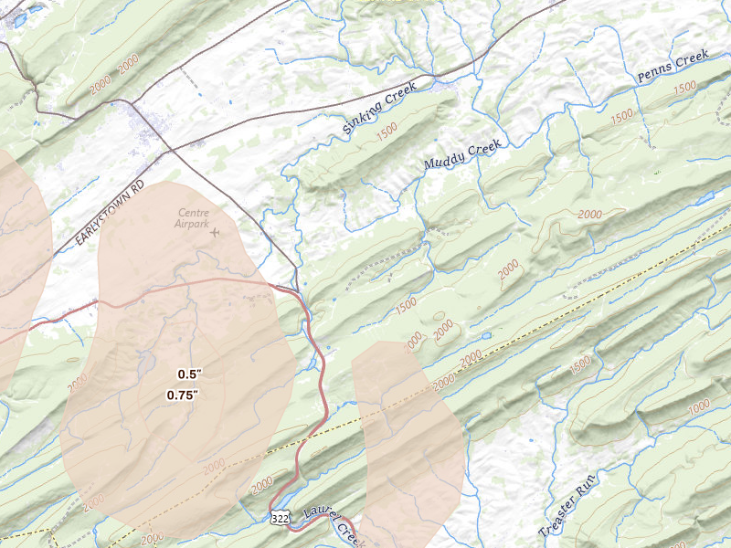 Radar-estimated hail-size map of the storm over Spring Mills, PA on Mar 22, 2026