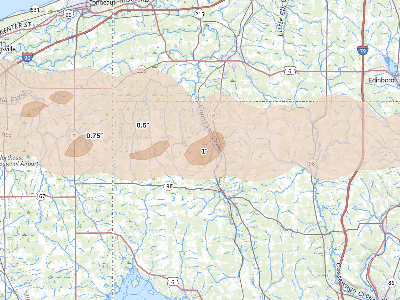 Radar-estimated hail-size map of the storm over Springboro, PA on Jun 14, 2026