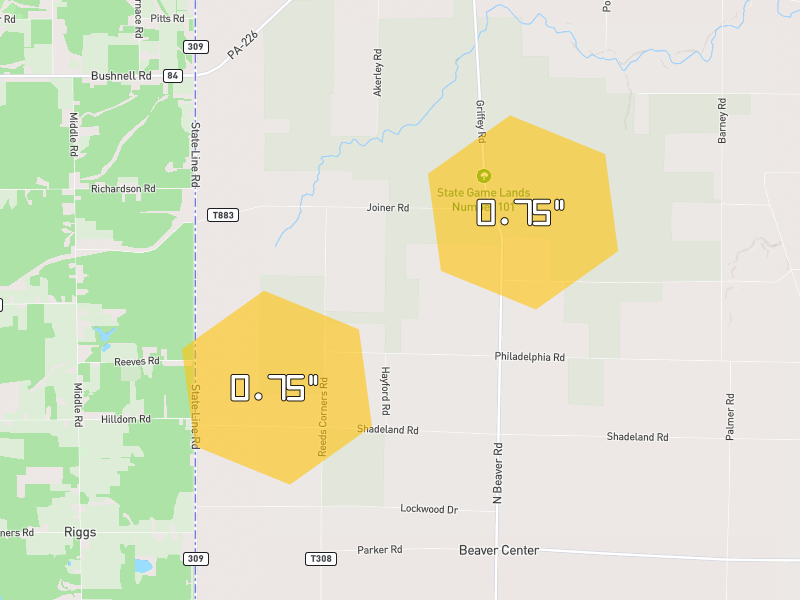 Hail map of Springboro, PA on Jul 21, 2026, hail up to 0.75"