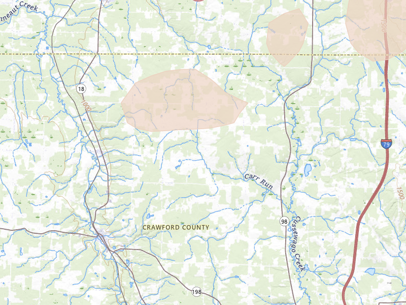 Radar-estimated hail-size map of the storm over Springboro, PA on Aug 10, 2026