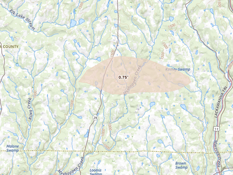 Radar-estimated hail-size map of the storm over Springville, PA on Sep 3, 2026