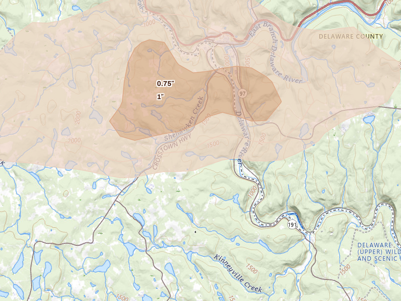 Radar-estimated hail-size map of the storm over Starlight, PA on Aug 27, 2026