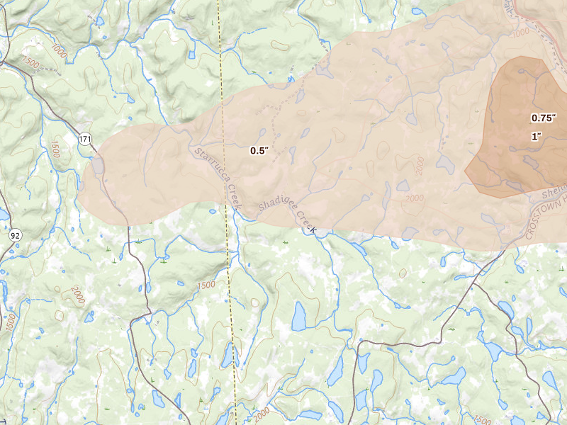 Radar-estimated hail-size map of the storm over Starrucca, PA on Aug 27, 2026