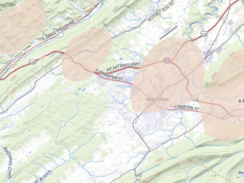 Radar-estimated hail-size map of the storm over State College, PA on Mar 22, 2026
