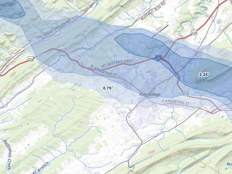 NEXRAD radar-signature map of the hail storm over State College, PA on Mar 22, 2026