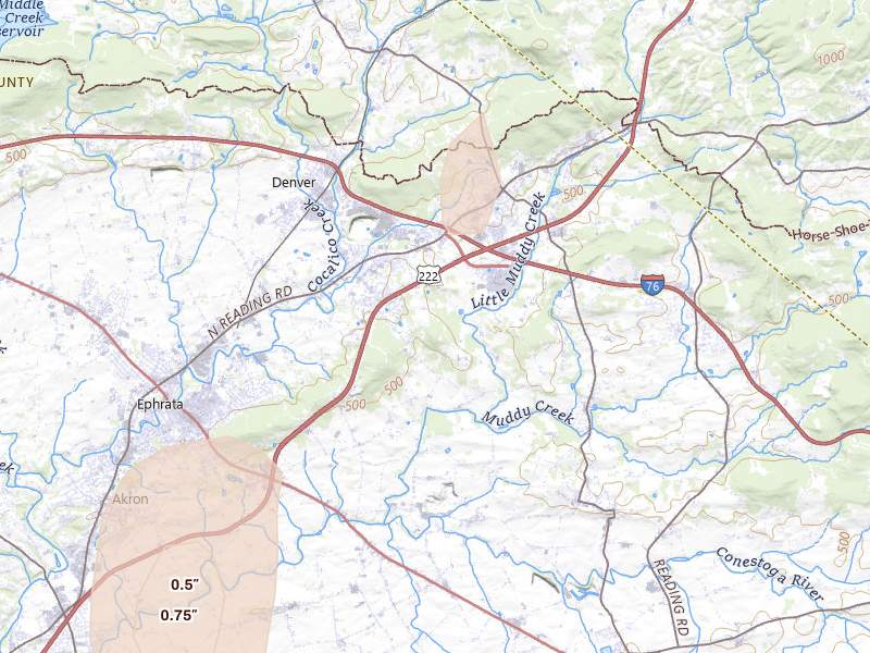 Radar-estimated hail-size map of the storm over Stevens, PA on Jul 5, 2026