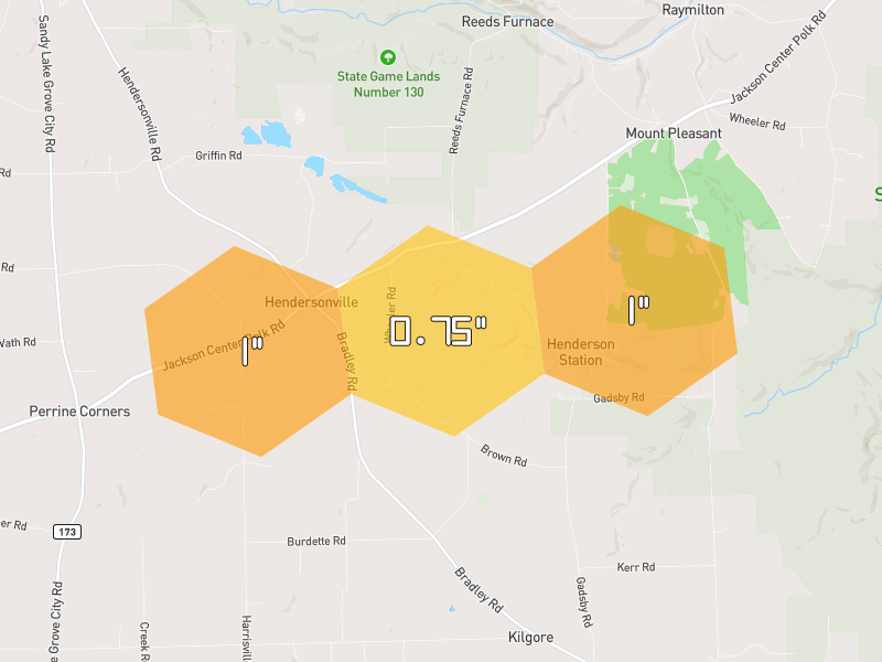 Hail map of Stoneboro, PA on Jul 3, 2026, hail up to 1"