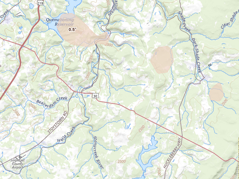 Radar-estimated hail-size map of the storm over Stoystown, PA on Sep 3, 2026
