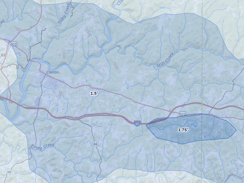 NEXRAD radar-signature map of the hail storm over Strattanville, PA on Mar 22, 2026