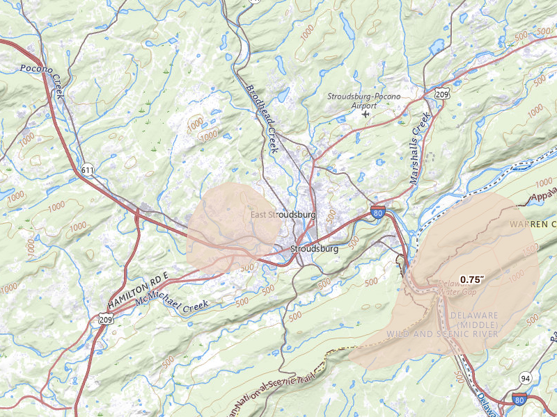 Radar-estimated hail-size map of the storm over Stroudsburg, PA on Aug 7, 2026