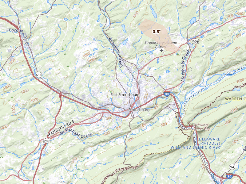 Radar-estimated hail-size map of the storm over Stroudsburg, PA on Aug 11, 2026