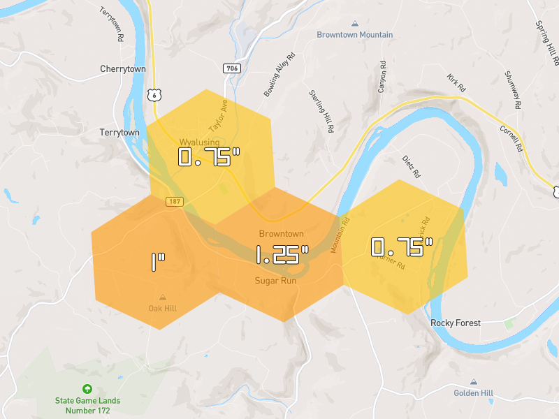Hail map of Sugar Run, PA on Jul 2, 2026, hail up to 1.25"